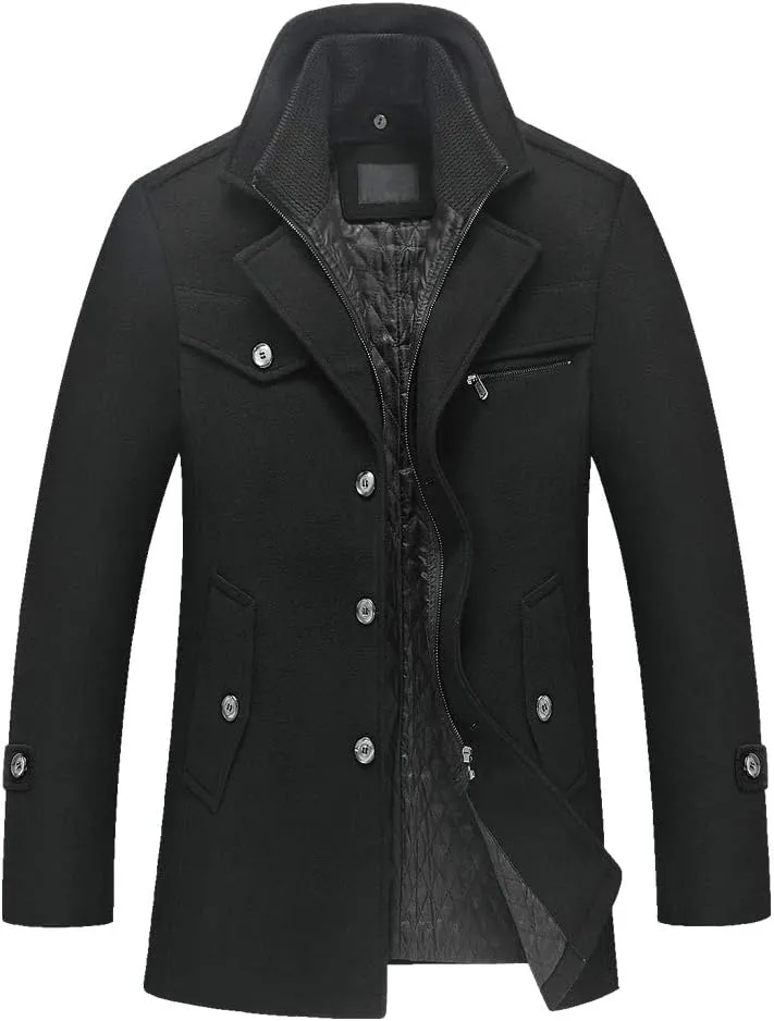 FTCayanz Men's Wool Coat Winter Slim Fit Pea Coats Single Breasted Quilted Lined Trench Jacket