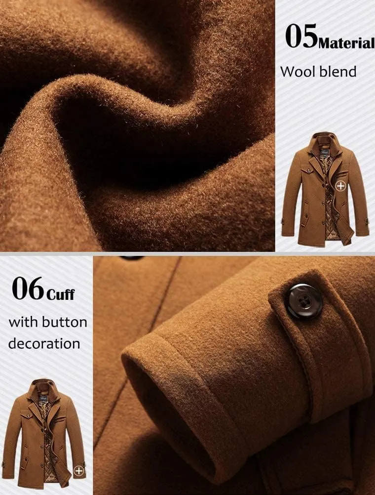 FTCayanz Men's Wool Coat Winter Slim Fit Pea Coats Single Breasted Quilted Lined Trench Jacket