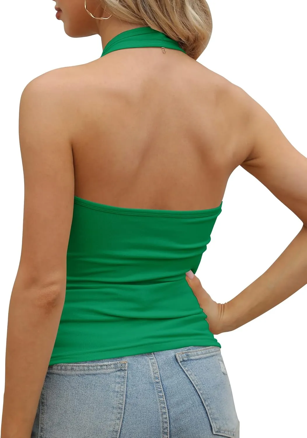 GEMBERA Womens Backless Halter Neck Front V Neck Camisole Basic Casual Fitted Cropped Tank Tops Shirts