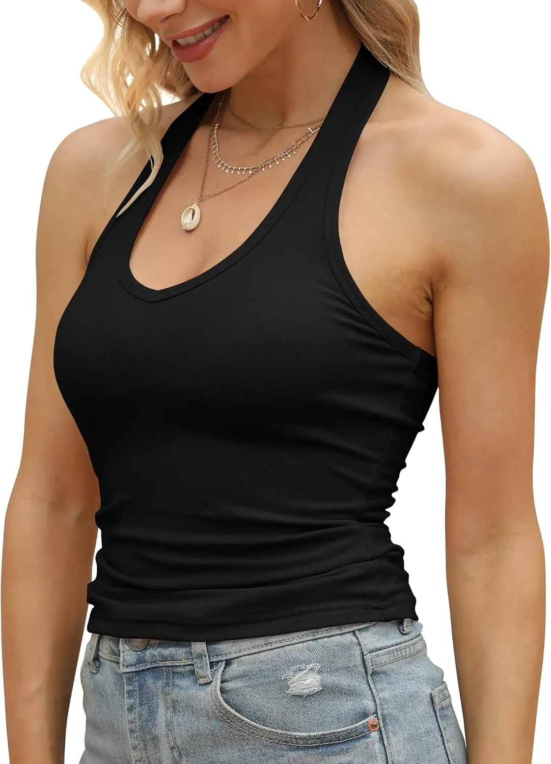 GEMBERA Womens Backless Halter Neck Front V Neck Camisole Basic Casual Fitted Cropped Tank Tops Shirts