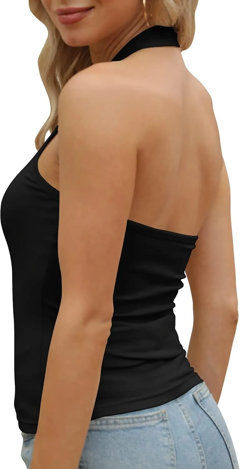 GEMBERA Womens Backless Halter Neck Front V Neck Camisole Basic Casual Fitted Cropped Tank Tops Shirts