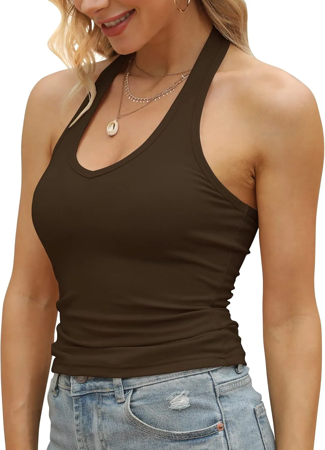 GEMBERA Womens Backless Halter Neck Front V Neck Camisole Basic Casual Fitted Cropped Tank Tops Shirts
