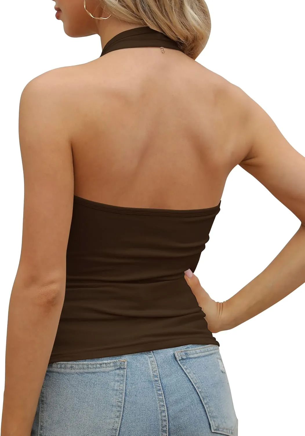 GEMBERA Womens Backless Halter Neck Front V Neck Camisole Basic Casual Fitted Cropped Tank Tops Shirts