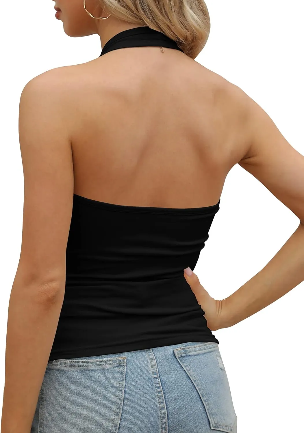 GEMBERA Womens Backless Halter Neck Front V Neck Camisole Basic Casual Fitted Cropped Tank Tops Shirts