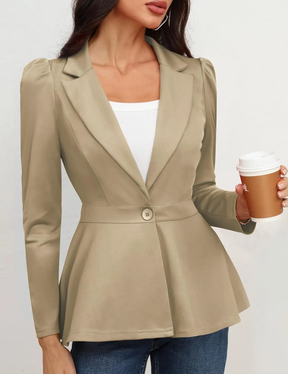 Genhoo Women's Business Casual Blazer Jackets Dressy Puff Sleeve Single Button Peplum Comfy Work Office Blazers