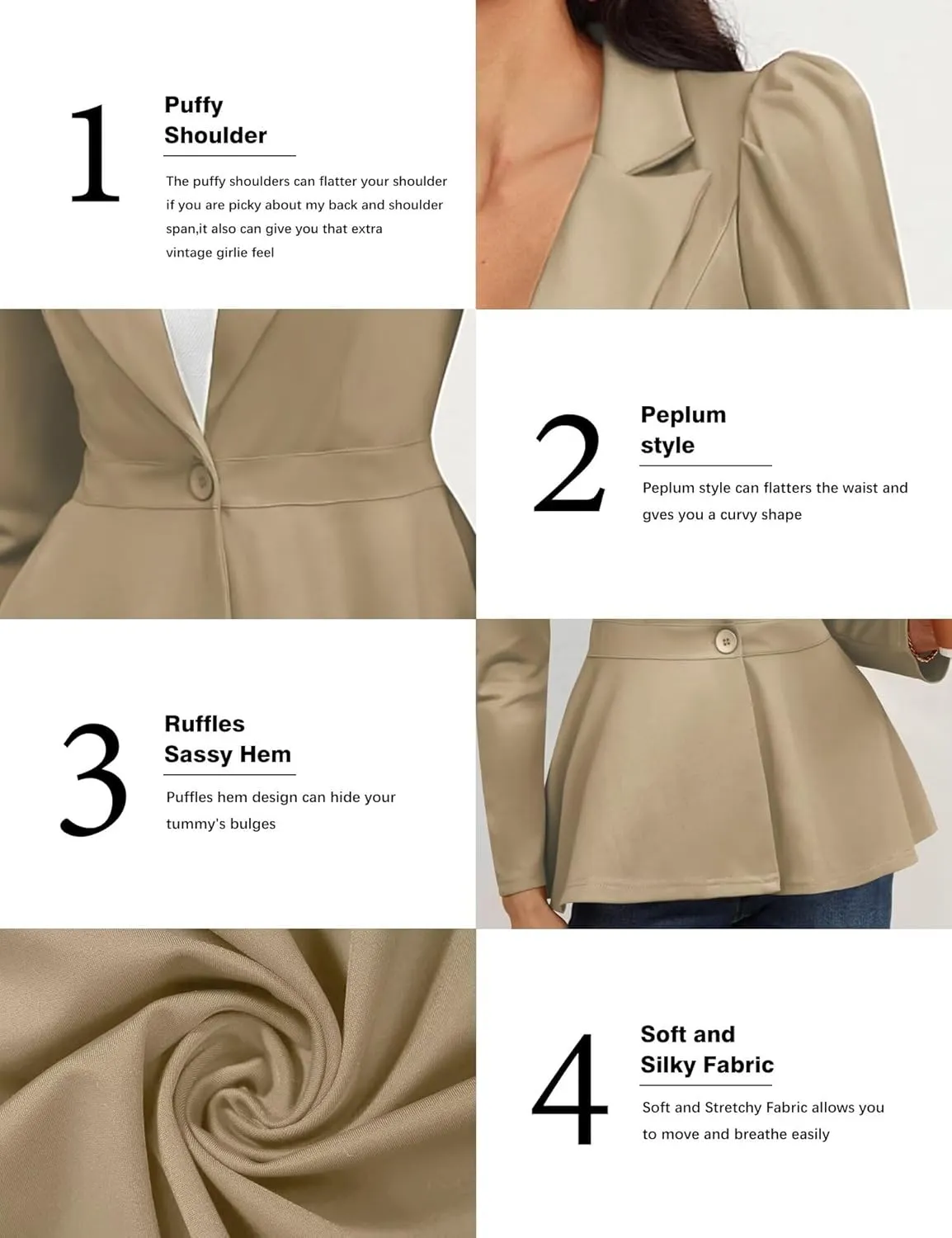 Genhoo Women's Business Casual Blazer Jackets Dressy Puff Sleeve Single Button Peplum Comfy Work Office Blazers
