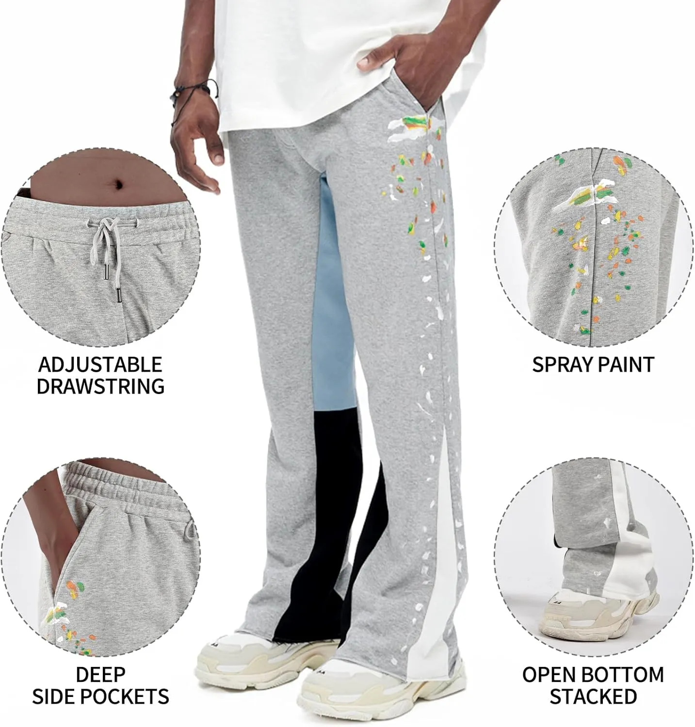 GINGTTO Mens Sweatpants Open Bottom Patchwork Stacked Paint Track Pants