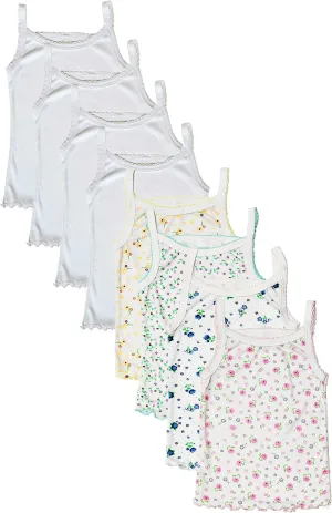 Girls Tank Top Camisoles, Pack of 8, White and Floral Print, Sleeveless Cotton Undershirts
