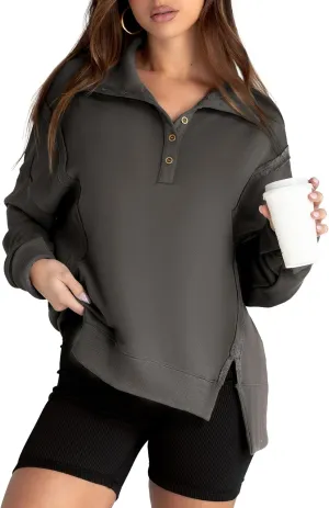 Glamaker Women's Oversized Sweatshirt Casual Long Sleeve Button V Neck Pullover Loose Tops Outfits Fall Fashion