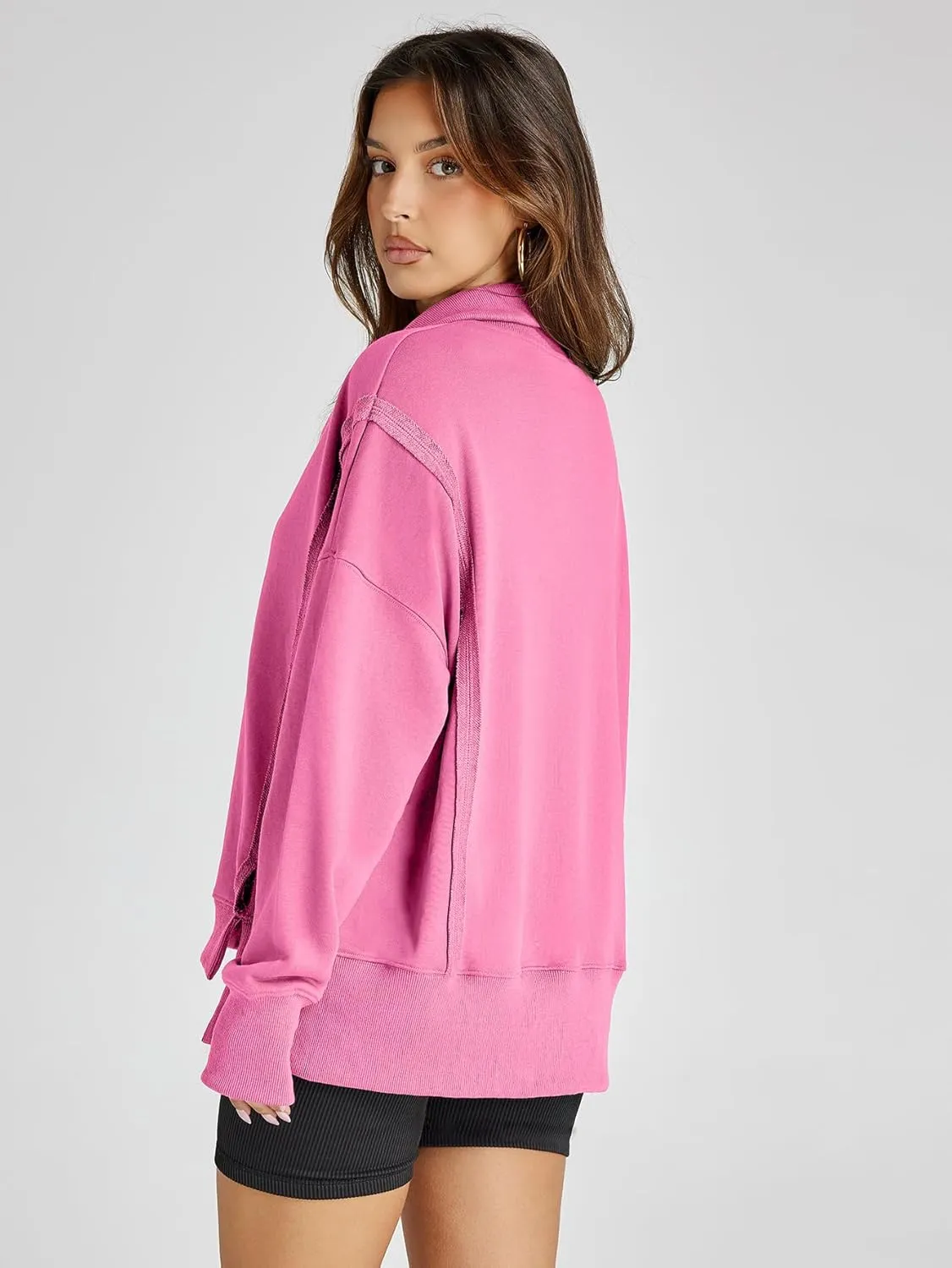 Glamaker Women's Oversized Sweatshirt Casual Long Sleeve Button V Neck Pullover Loose Tops Outfits Fall Fashion