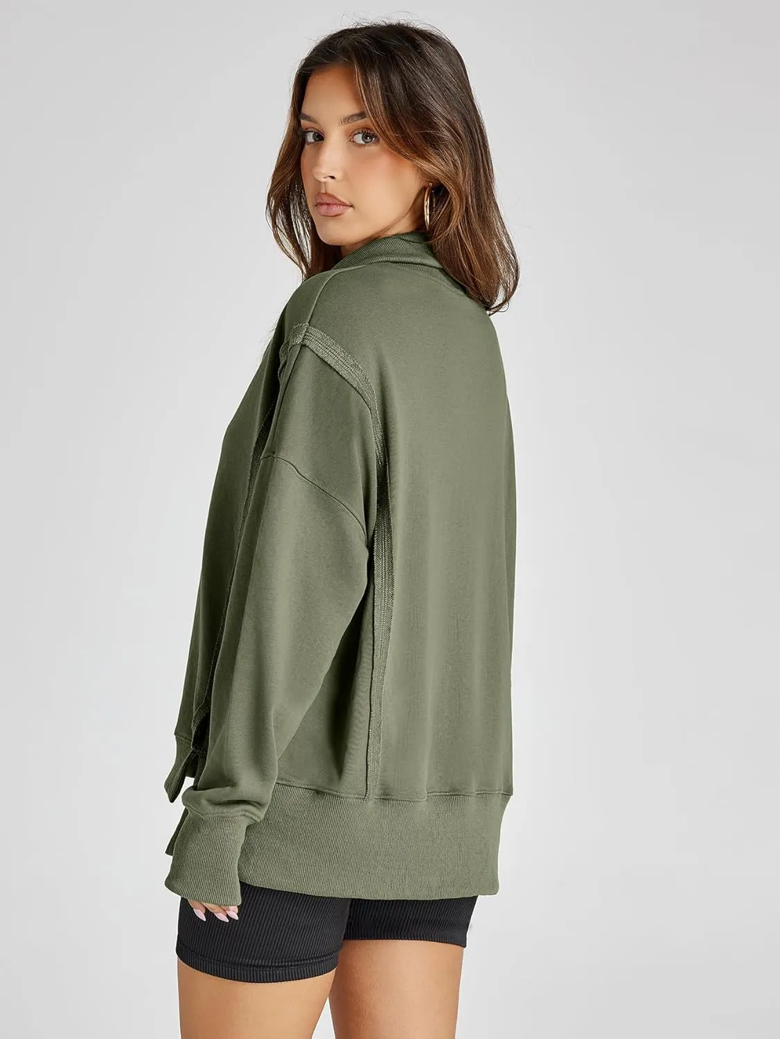 Glamaker Women's Oversized Sweatshirt Casual Long Sleeve Button V Neck Pullover Loose Tops Outfits Fall Fashion