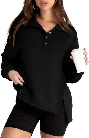 Glamaker Women's Oversized Sweatshirt Casual Long Sleeve Button V Neck Pullover Loose Tops Outfits Fall Fashion