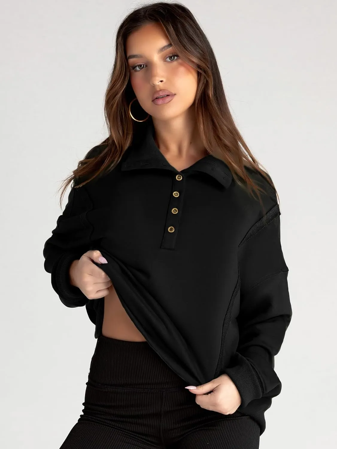 Glamaker Women's Oversized Sweatshirt Casual Long Sleeve Button V Neck Pullover Loose Tops Outfits Fall Fashion