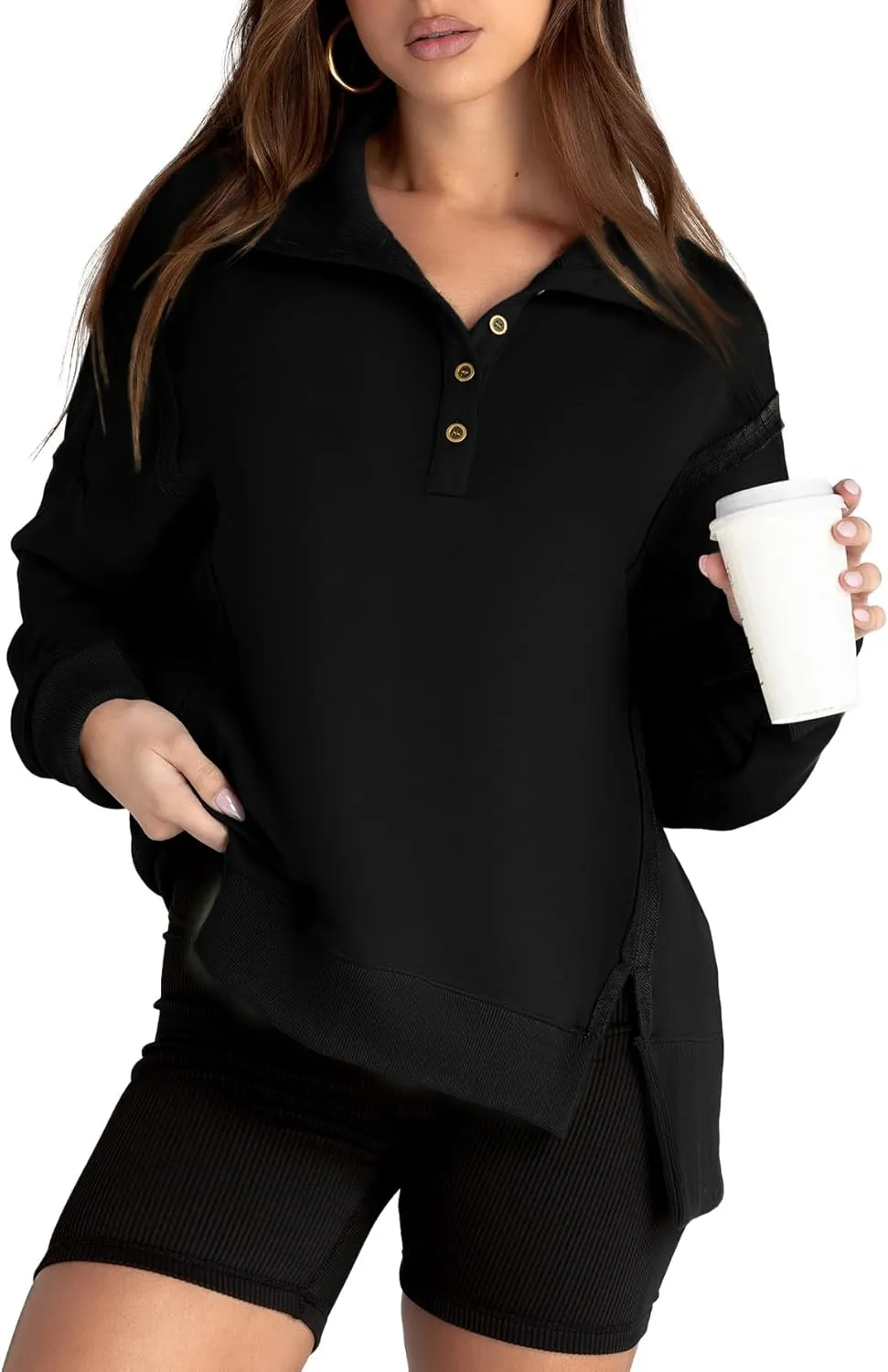 Glamaker Women's Oversized Sweatshirt Casual Long Sleeve Button V Neck Pullover Loose Tops Outfits Fall Fashion
