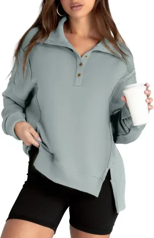 Glamaker Women's Oversized Sweatshirt Casual Long Sleeve Button V Neck Pullover Loose Tops Outfits Fall Fashion