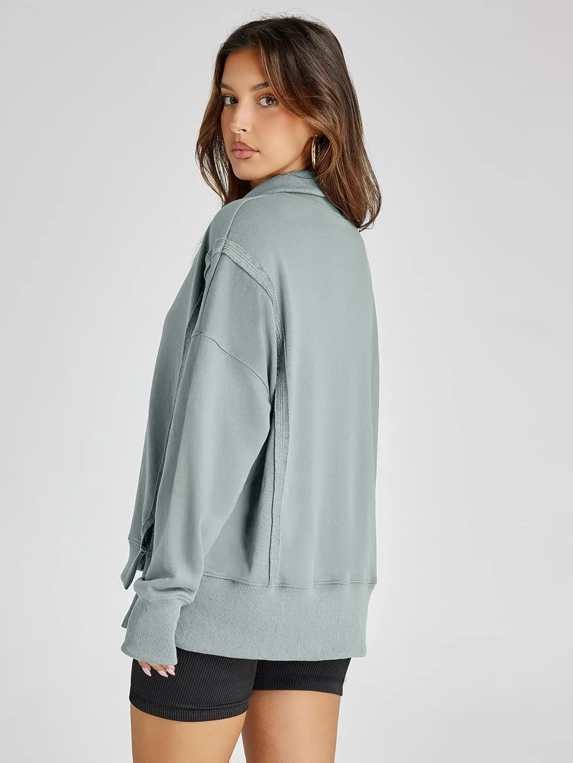 Glamaker Women's Oversized Sweatshirt Casual Long Sleeve Button V Neck Pullover Loose Tops Outfits Fall Fashion