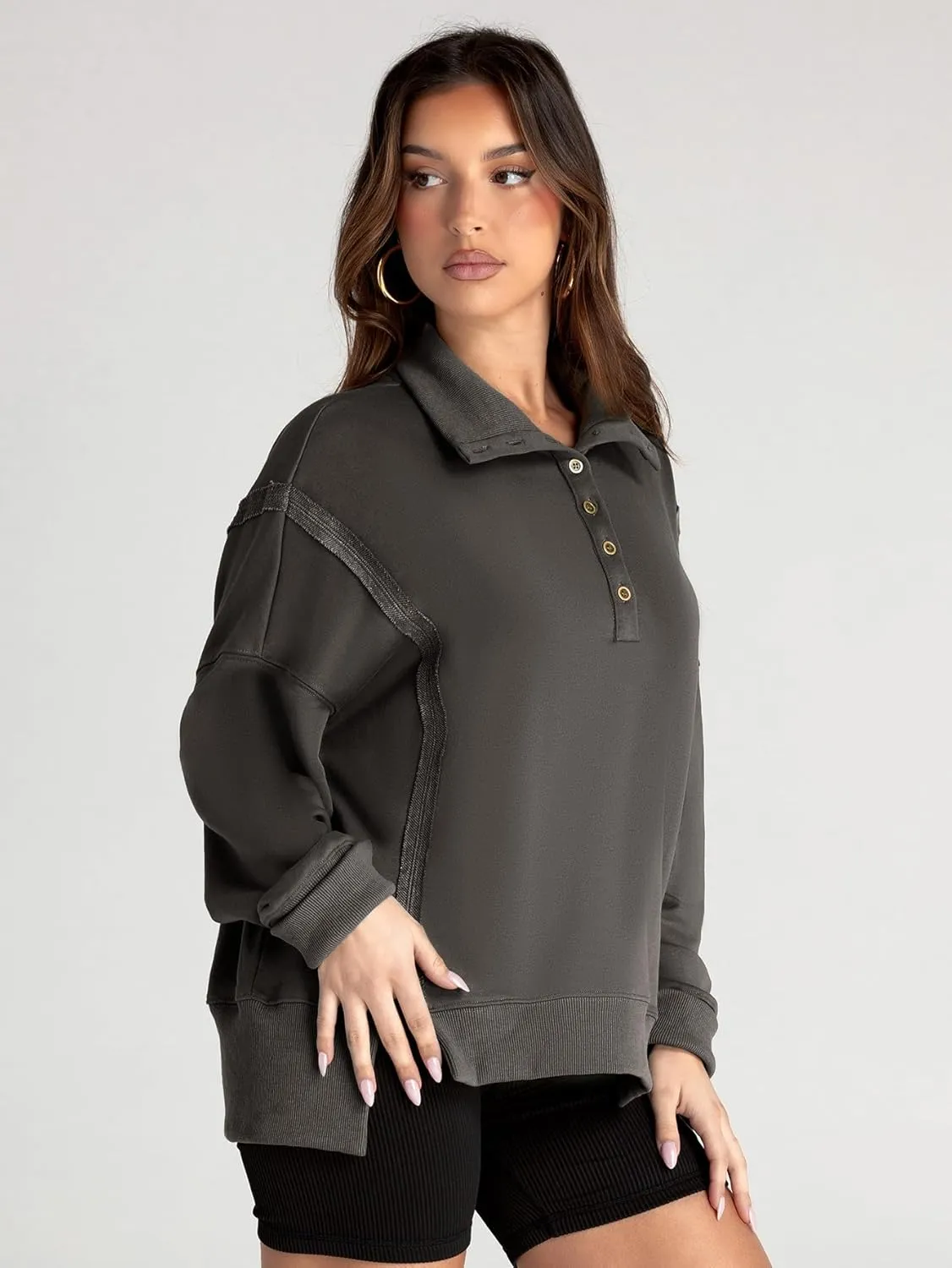 Glamaker Women's Oversized Sweatshirt Casual Long Sleeve Button V Neck Pullover Loose Tops Outfits Fall Fashion