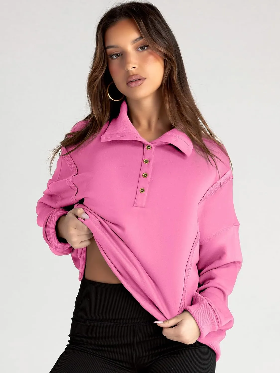 Glamaker Women's Oversized Sweatshirt Casual Long Sleeve Button V Neck Pullover Loose Tops Outfits Fall Fashion