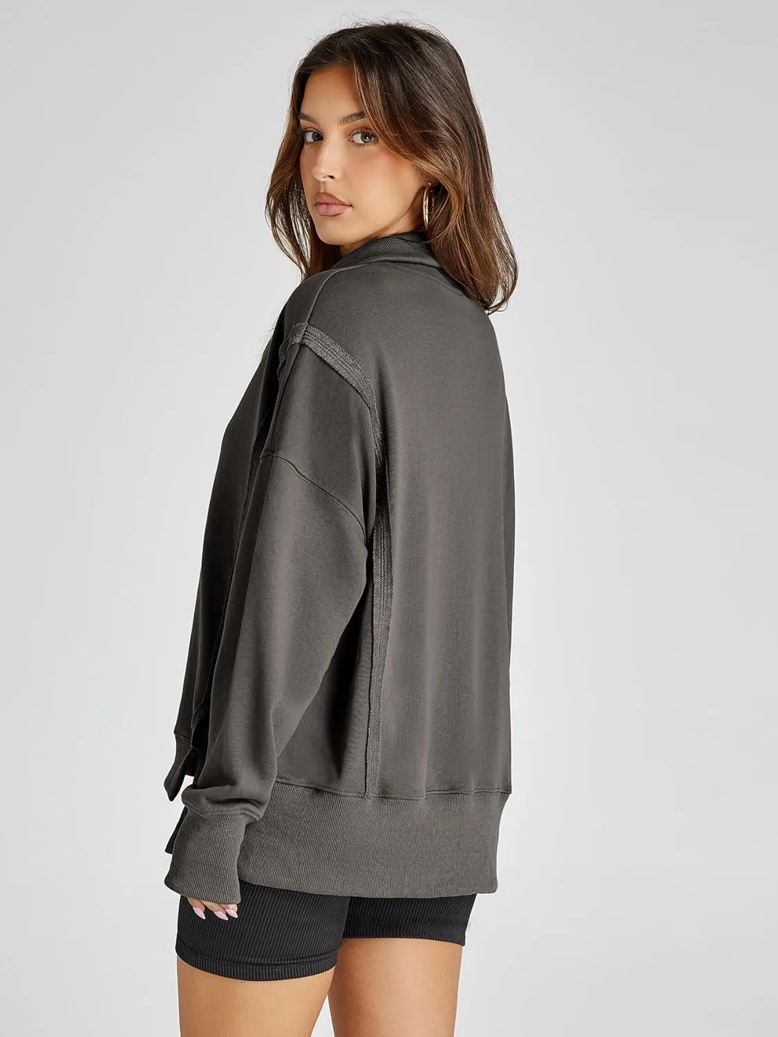 Glamaker Women's Oversized Sweatshirt Casual Long Sleeve Button V Neck Pullover Loose Tops Outfits Fall Fashion
