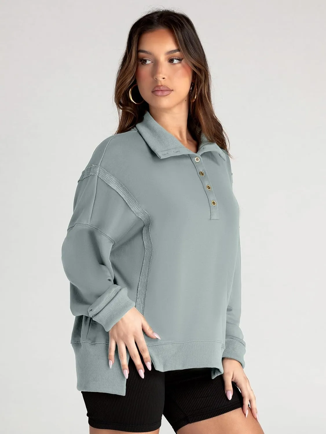 Glamaker Women's Oversized Sweatshirt Casual Long Sleeve Button V Neck Pullover Loose Tops Outfits Fall Fashion