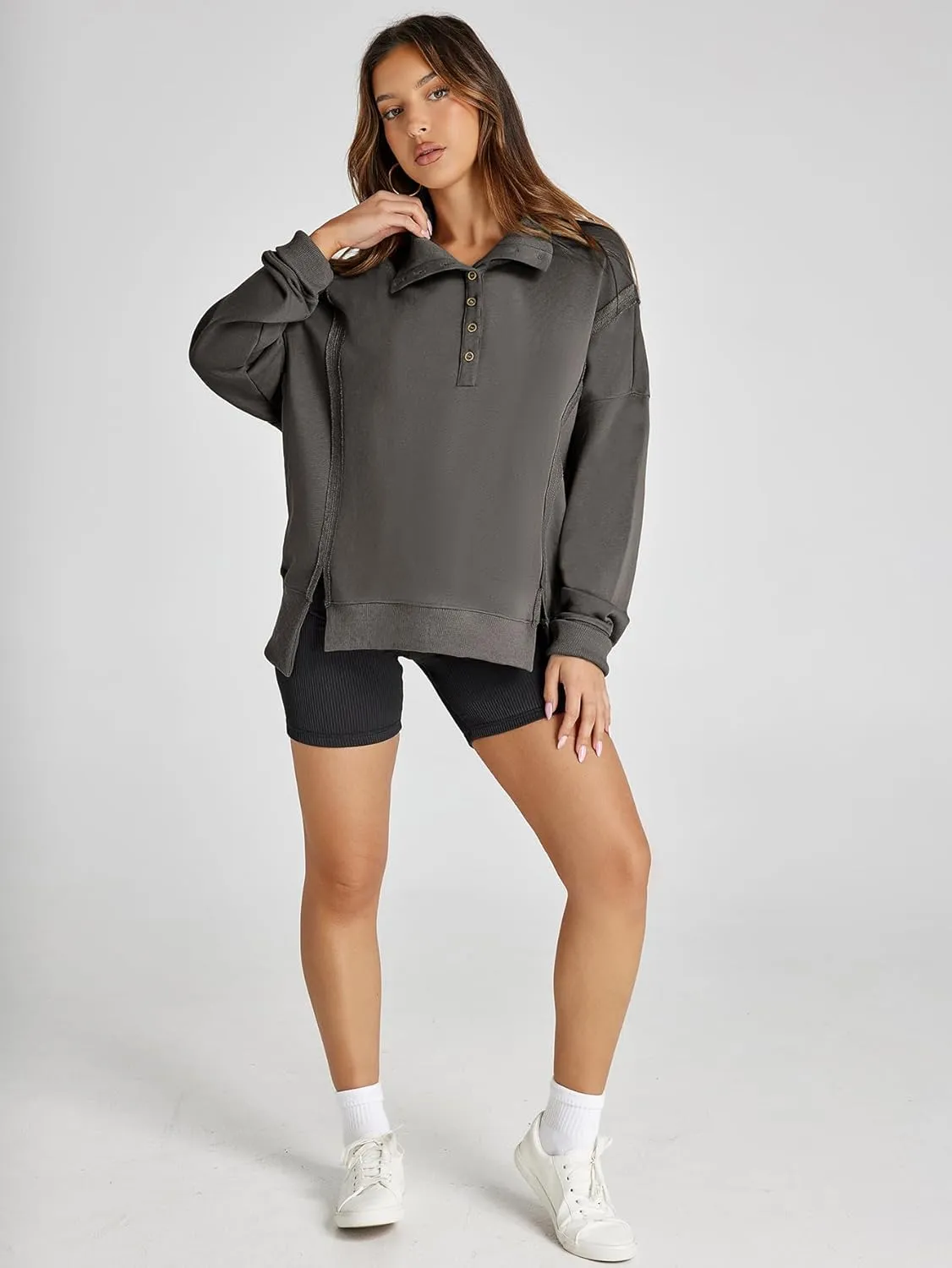 Glamaker Women's Oversized Sweatshirt Casual Long Sleeve Button V Neck Pullover Loose Tops Outfits Fall Fashion