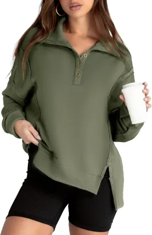 Glamaker Women's Oversized Sweatshirt Casual Long Sleeve Button V Neck Pullover Loose Tops Outfits Fall Fashion