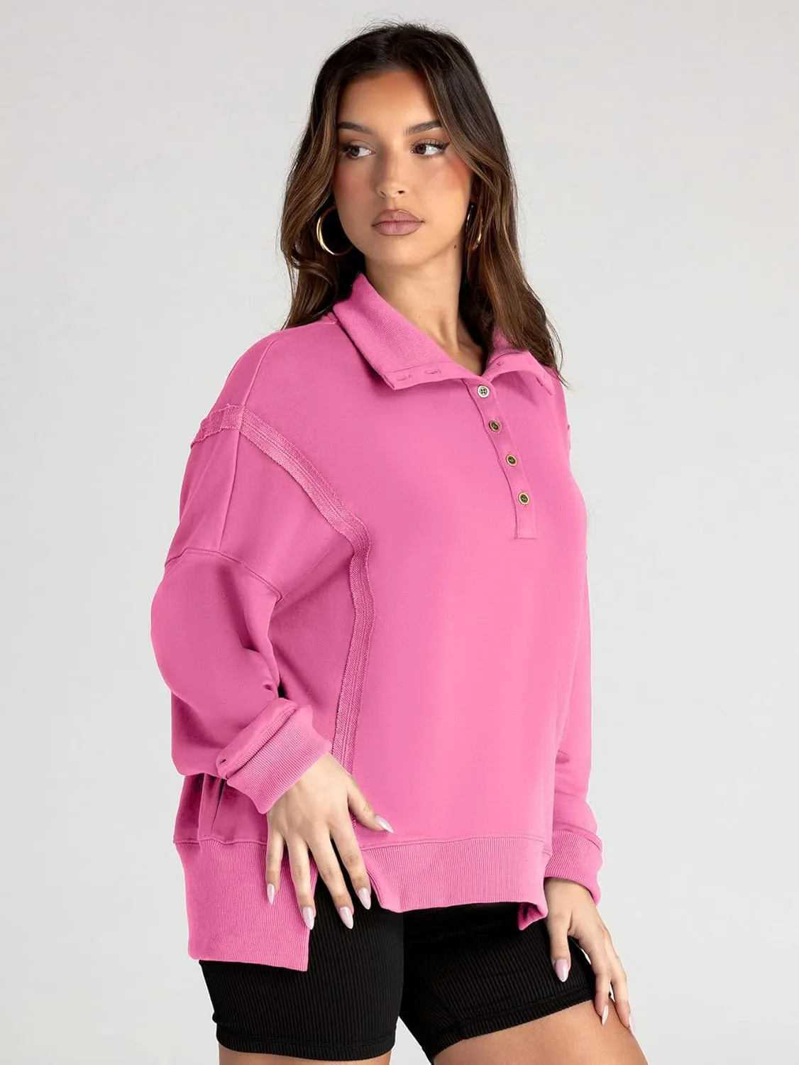 Glamaker Women's Oversized Sweatshirt Casual Long Sleeve Button V Neck Pullover Loose Tops Outfits Fall Fashion