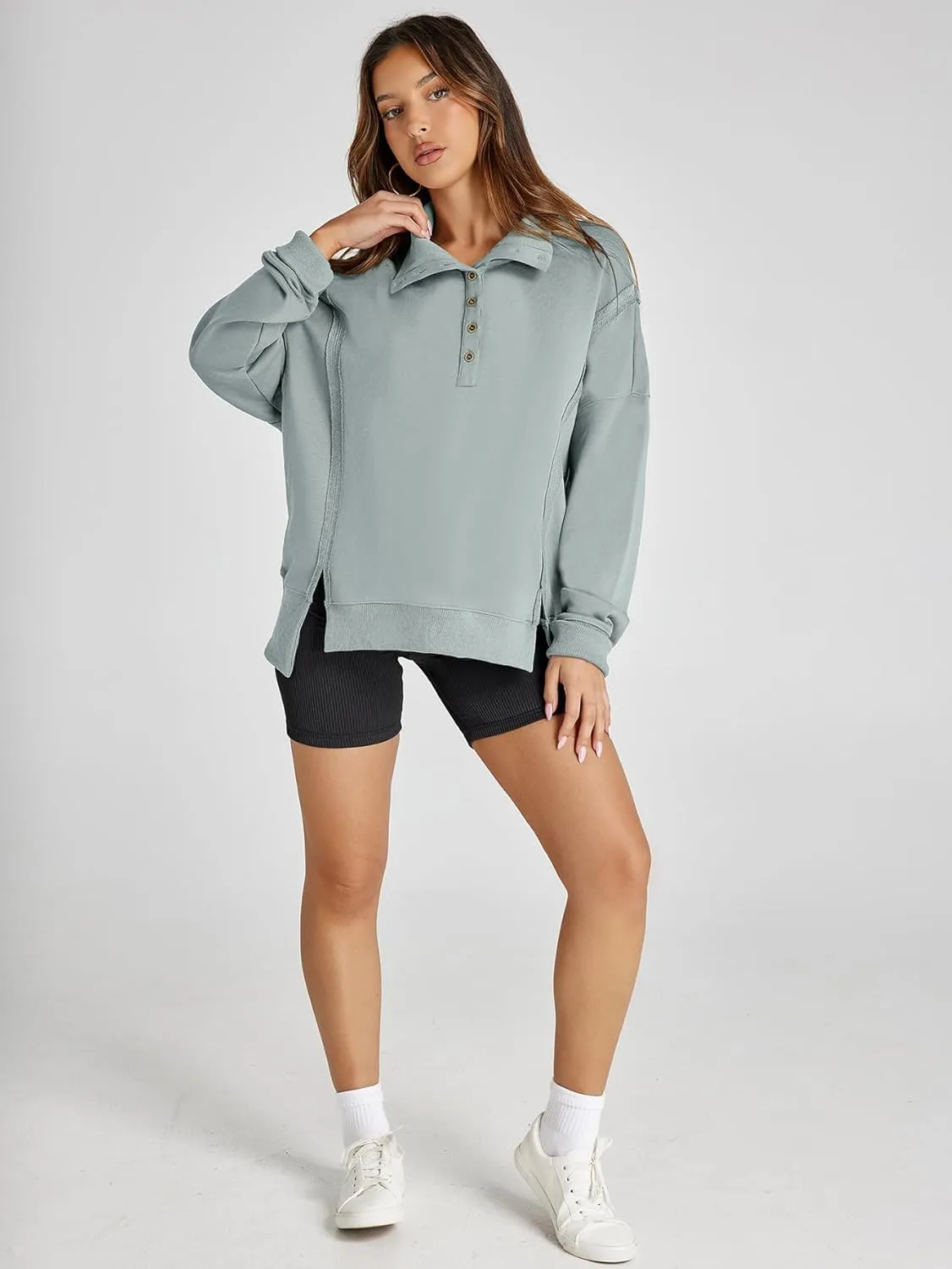 Glamaker Women's Oversized Sweatshirt Casual Long Sleeve Button V Neck Pullover Loose Tops Outfits Fall Fashion