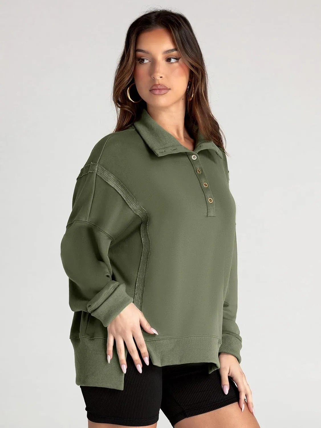 Glamaker Women's Oversized Sweatshirt Casual Long Sleeve Button V Neck Pullover Loose Tops Outfits Fall Fashion