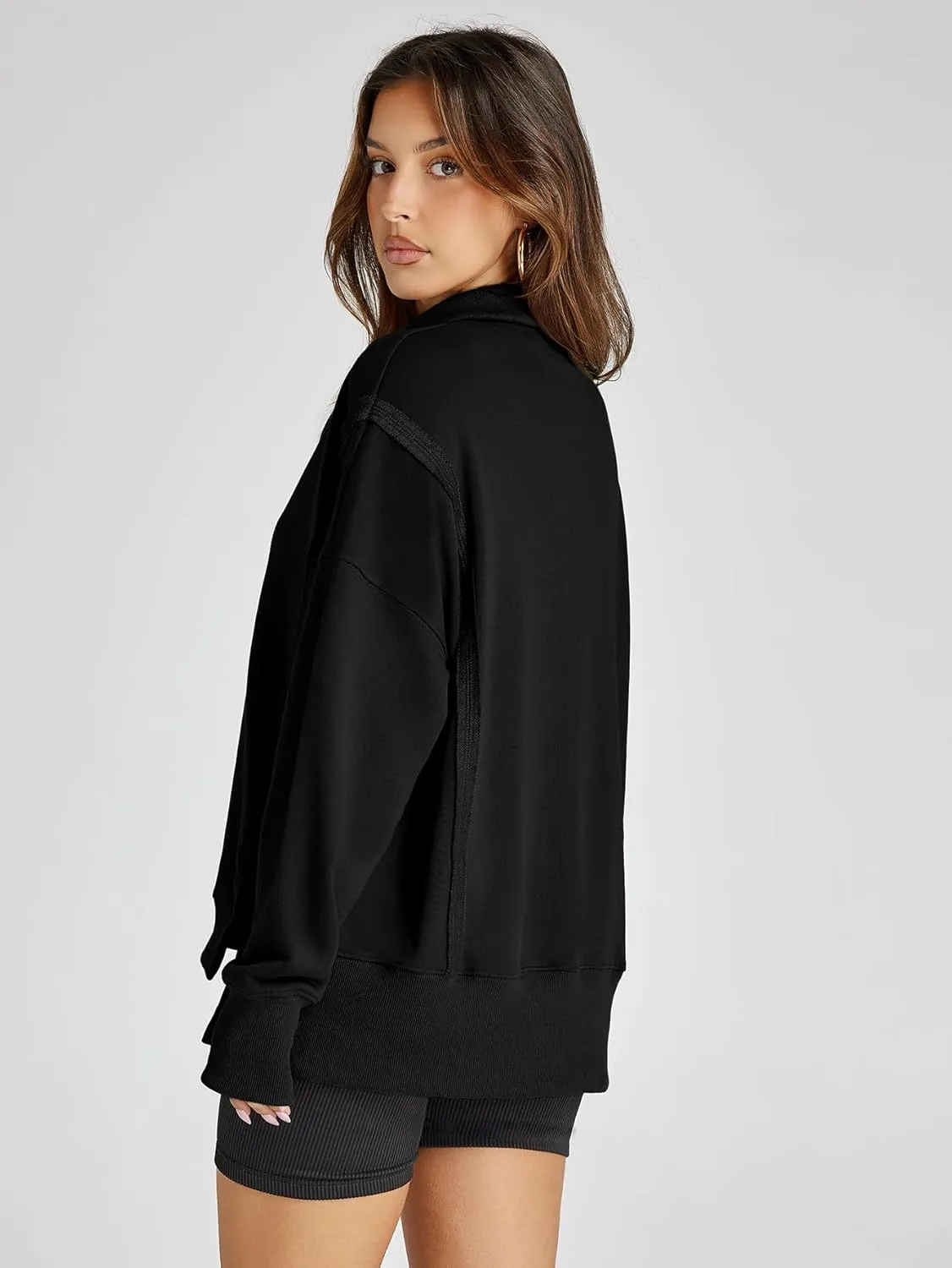 Glamaker Women's Oversized Sweatshirt Casual Long Sleeve Button V Neck Pullover Loose Tops Outfits Fall Fashion