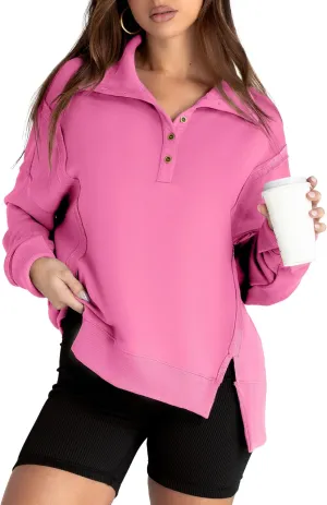 Glamaker Women's Oversized Sweatshirt Casual Long Sleeve Button V Neck Pullover Loose Tops Outfits Fall Fashion