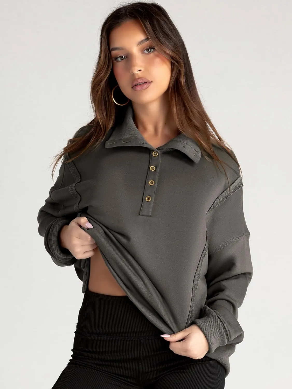 Glamaker Women's Oversized Sweatshirt Casual Long Sleeve Button V Neck Pullover Loose Tops Outfits Fall Fashion