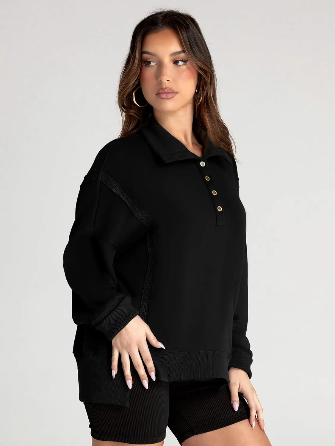Glamaker Women's Oversized Sweatshirt Casual Long Sleeve Button V Neck Pullover Loose Tops Outfits Fall Fashion