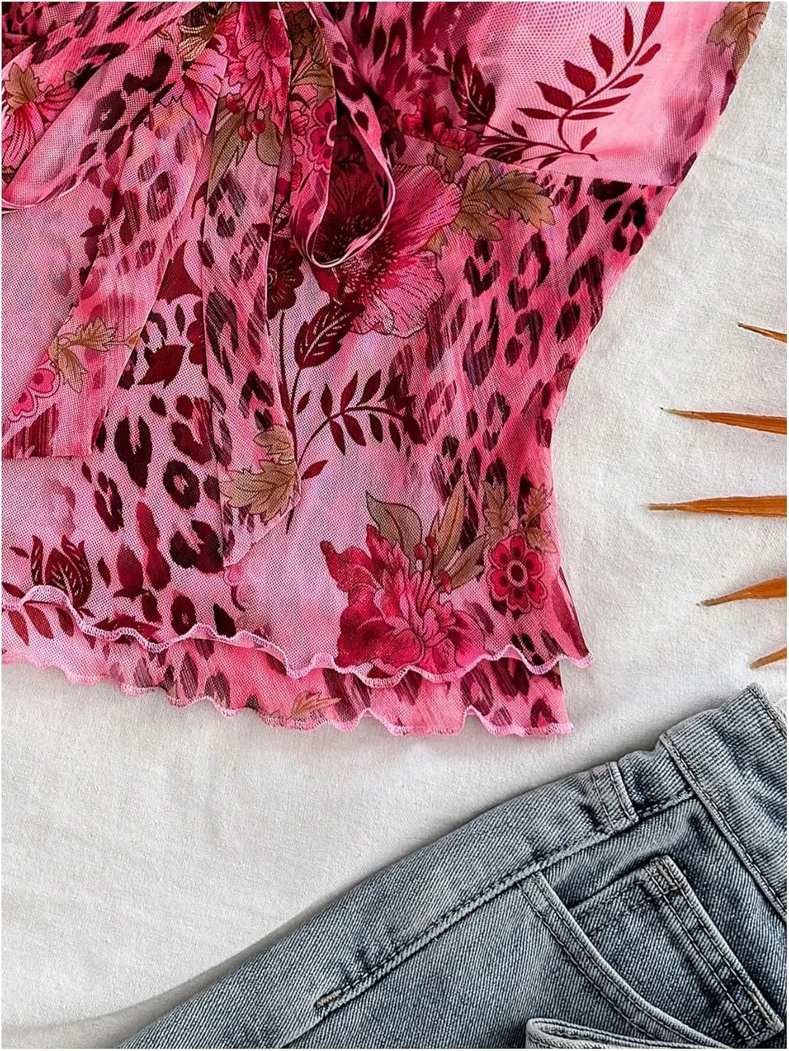 GORGLITTER Women's Y2k Leopard Floral Camisole Tops Bow Tie Front Lettuce Trim Mesh Crop Tops