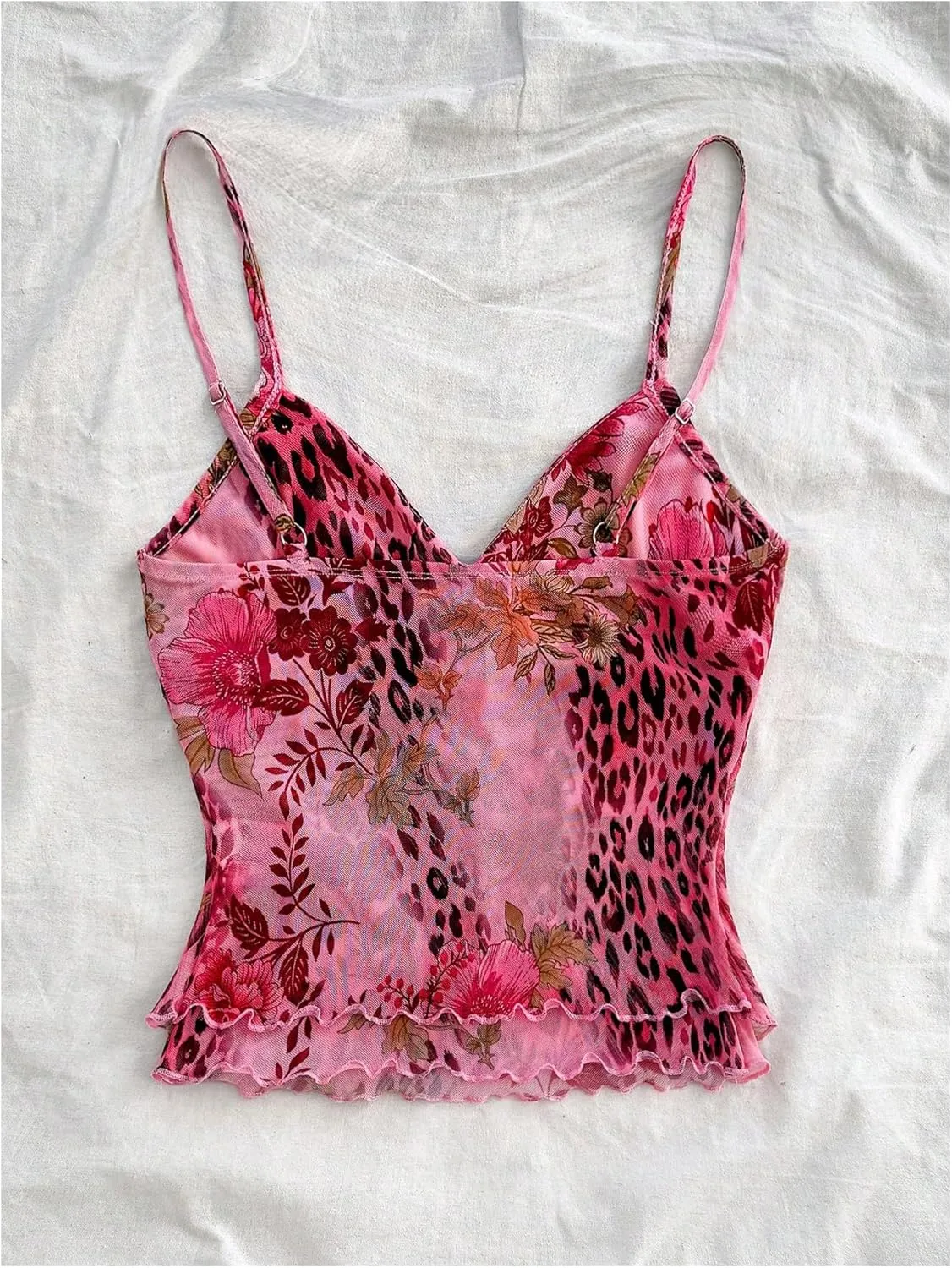 GORGLITTER Women's Y2k Leopard Floral Camisole Tops Bow Tie Front Lettuce Trim Mesh Crop Tops
