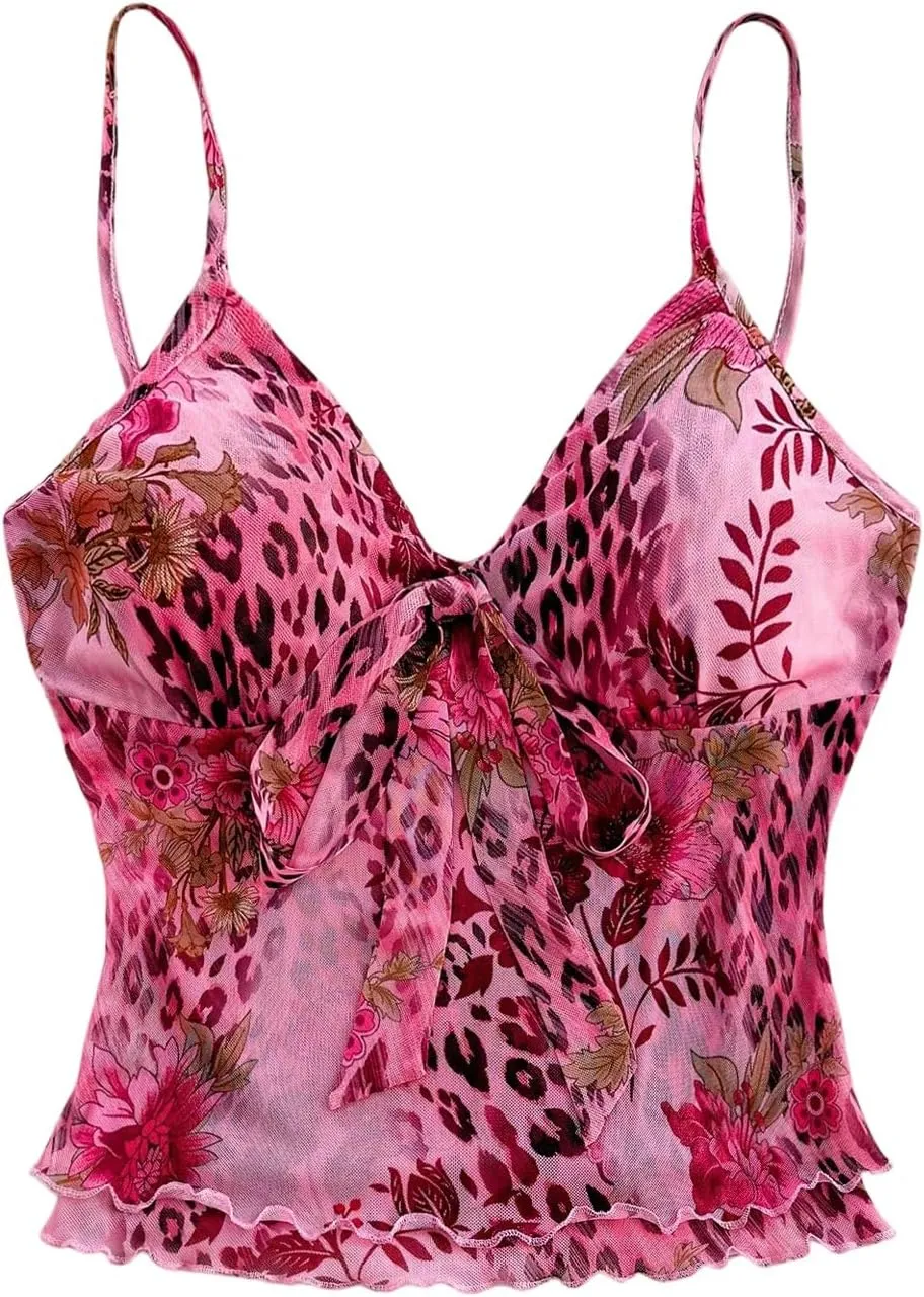 GORGLITTER Women's Y2k Leopard Floral Camisole Tops Bow Tie Front Lettuce Trim Mesh Crop Tops