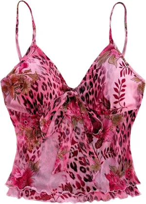 GORGLITTER Women's Y2k Leopard Floral Camisole Tops Bow Tie Front Lettuce Trim Mesh Crop Tops