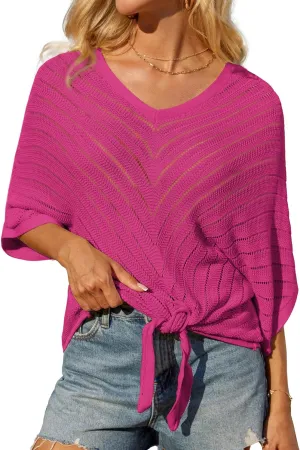 GRACE KARIN Women Summer Casual 3/4 Batwing Sleeve Pullover Sweater V Neck Loose Hollowed-Out Tie Front Knit Blouses