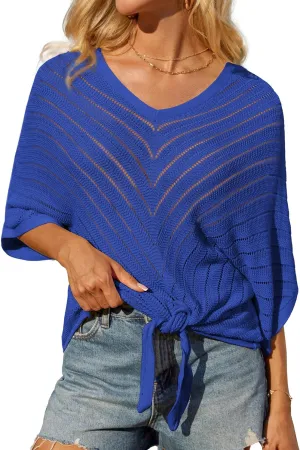 GRACE KARIN Women Summer Casual 3/4 Batwing Sleeve Pullover Sweater V Neck Loose Hollowed-Out Tie Front Knit Blouses