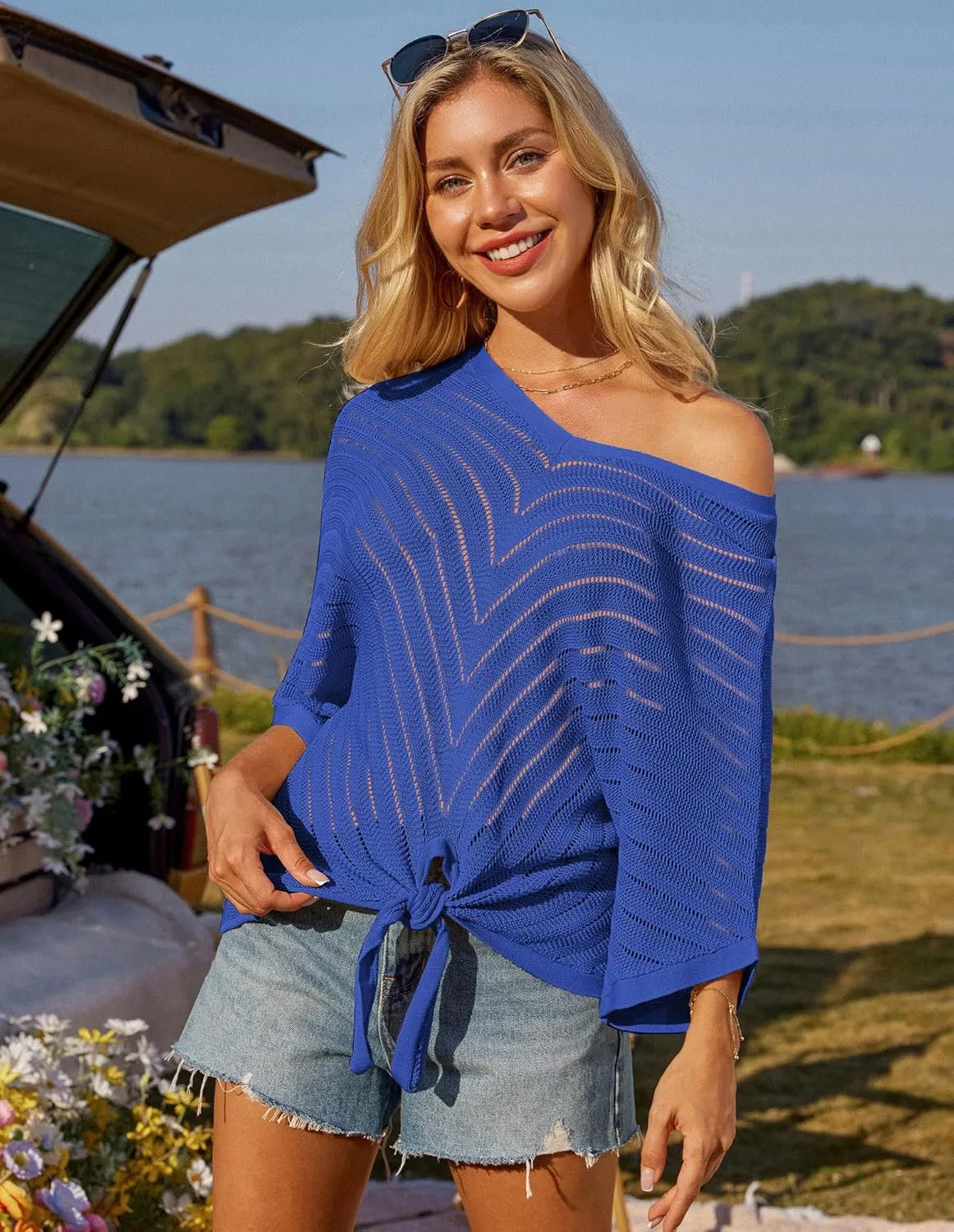 GRACE KARIN Women Summer Casual 3/4 Batwing Sleeve Pullover Sweater V Neck Loose Hollowed-Out Tie Front Knit Blouses