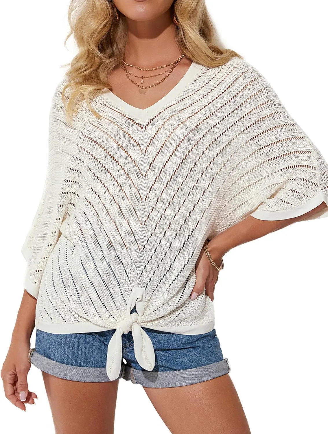 GRACE KARIN Women Summer Casual 3/4 Batwing Sleeve Pullover Sweater V Neck Loose Hollowed-Out Tie Front Knit Blouses