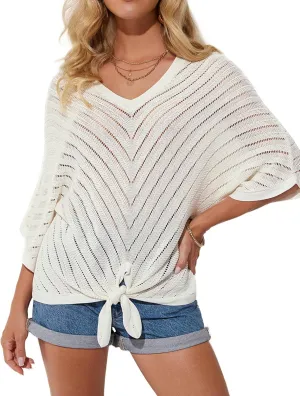 GRACE KARIN Women Summer Casual 3/4 Batwing Sleeve Pullover Sweater V Neck Loose Hollowed-Out Tie Front Knit Blouses