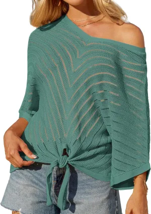 GRACE KARIN Women Summer Casual 3/4 Batwing Sleeve Pullover Sweater V Neck Loose Hollowed-Out Tie Front Knit Blouses