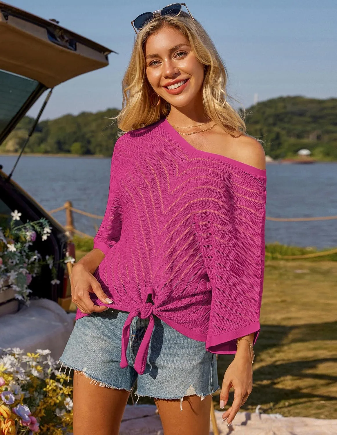 GRACE KARIN Women Summer Casual 3/4 Batwing Sleeve Pullover Sweater V Neck Loose Hollowed-Out Tie Front Knit Blouses