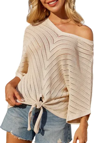 GRACE KARIN Women Summer Casual 3/4 Batwing Sleeve Pullover Sweater V Neck Loose Hollowed-Out Tie Front Knit Blouses