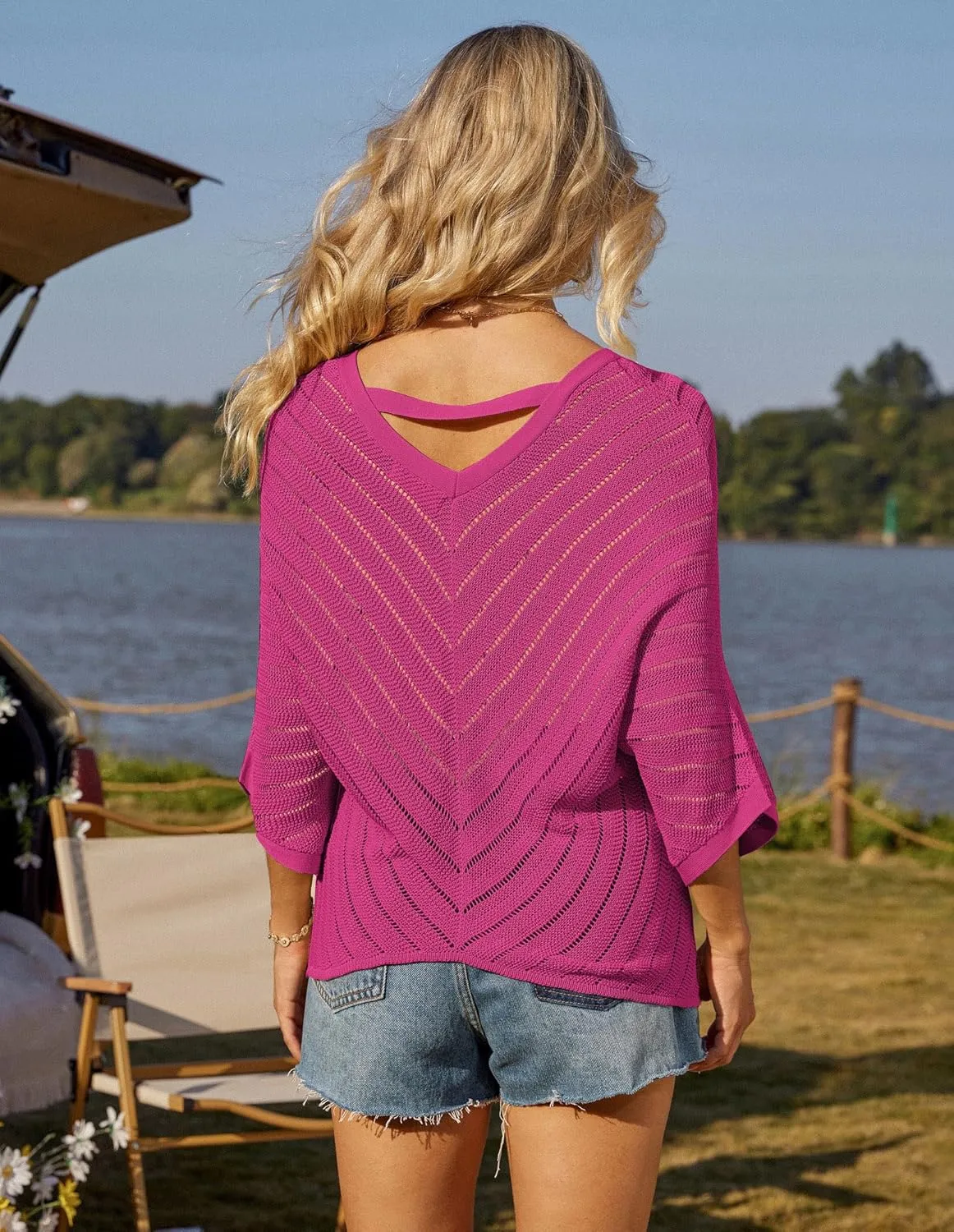 GRACE KARIN Women Summer Casual 3/4 Batwing Sleeve Pullover Sweater V Neck Loose Hollowed-Out Tie Front Knit Blouses