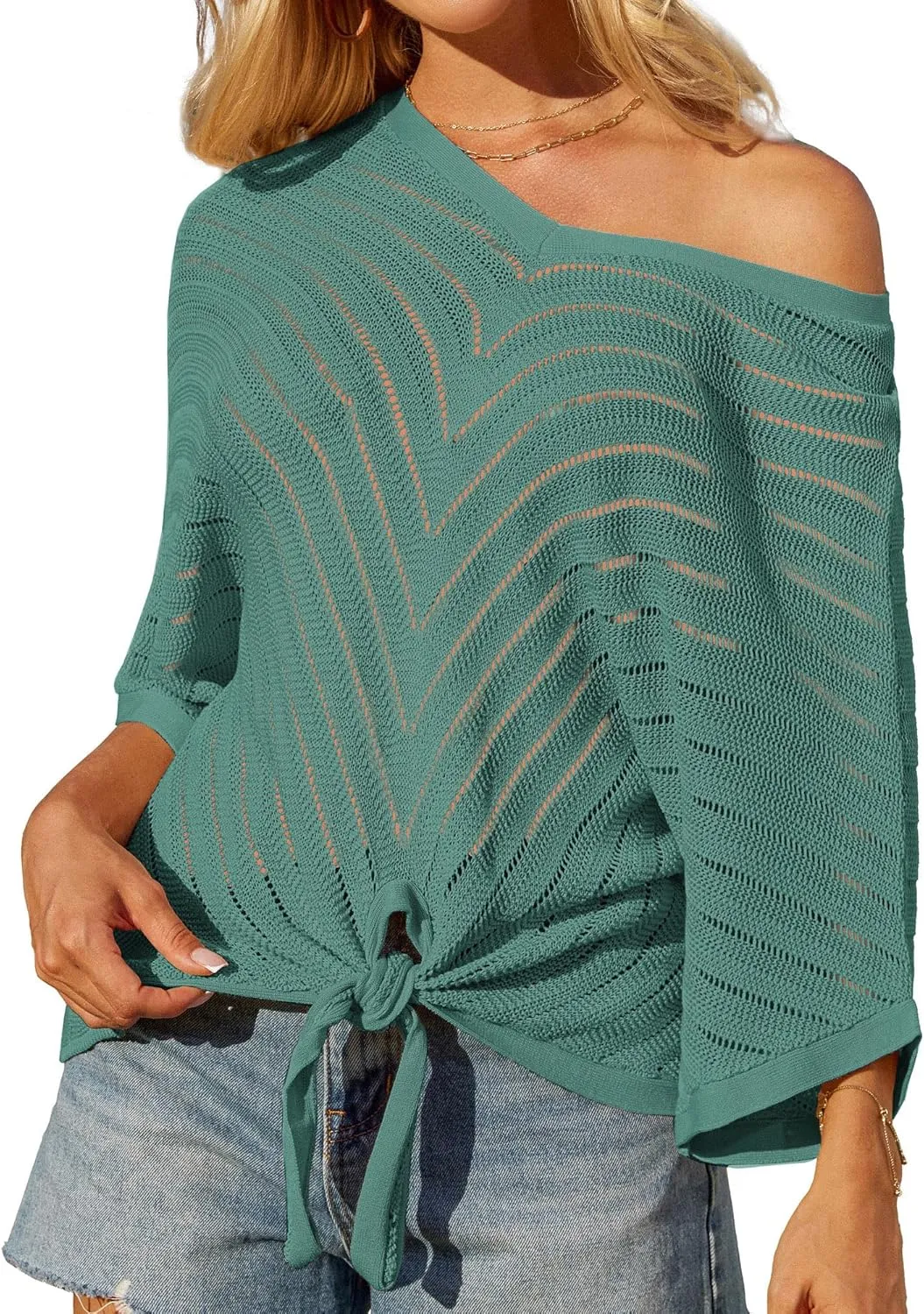 GRACE KARIN Women Summer Casual 3/4 Batwing Sleeve Pullover Sweater V Neck Loose Hollowed-Out Tie Front Knit Blouses