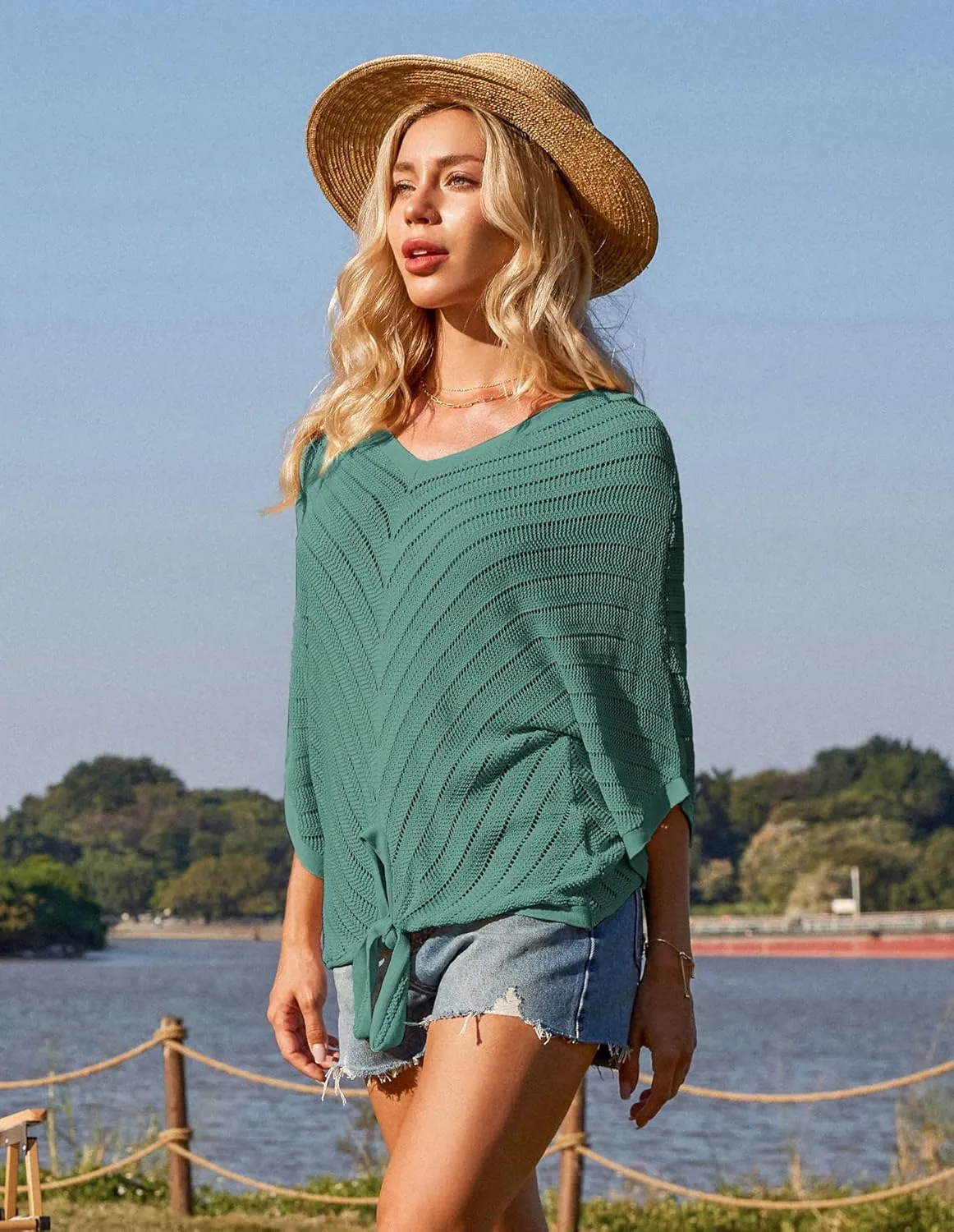 GRACE KARIN Women Summer Casual 3/4 Batwing Sleeve Pullover Sweater V Neck Loose Hollowed-Out Tie Front Knit Blouses