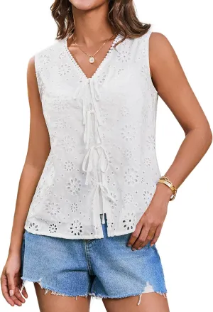 GRACE KARIN Women's Summer Tops Dressy Casual Sleeveless V Neck Bow Tie Hollow Out Lace Eyelet Tank Top Blouses Shirts