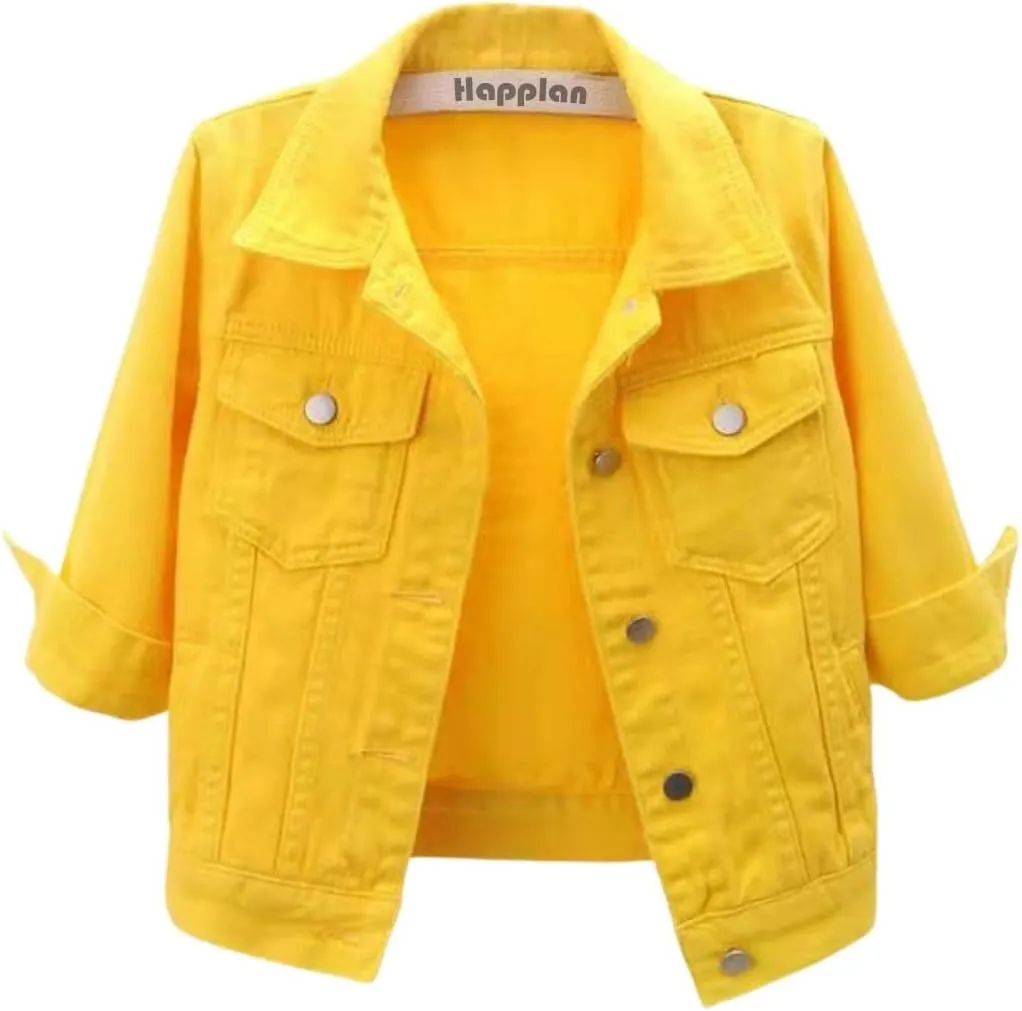 happlan Women's 3/4 Sleeve Short Denim Jacket Lapel Button Down Cropped Trucker Jean Jackets Coats